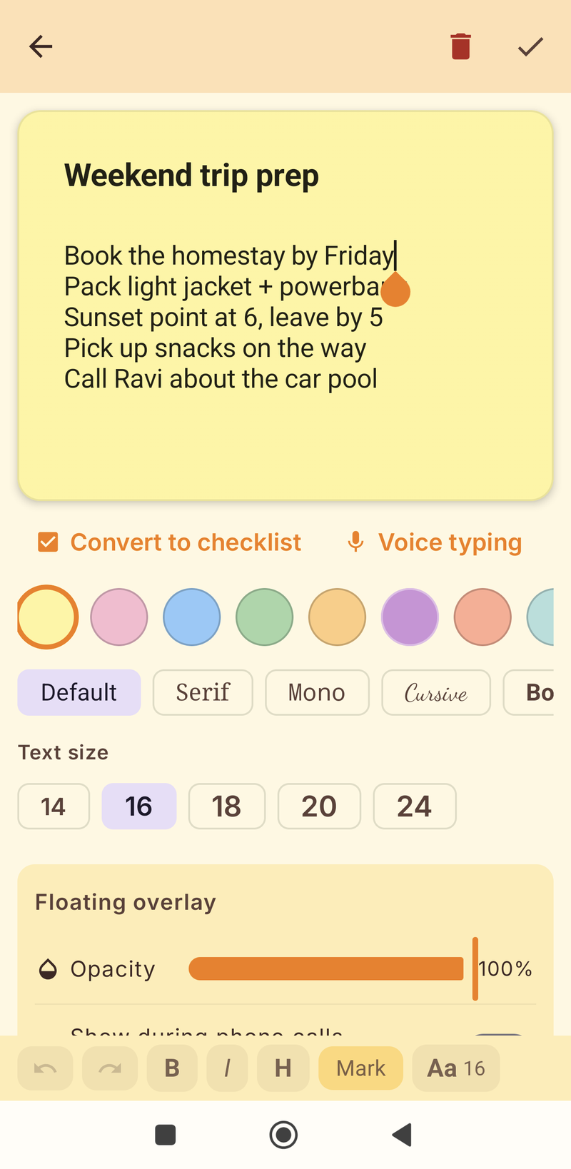 Note editor with colours, fonts and text size