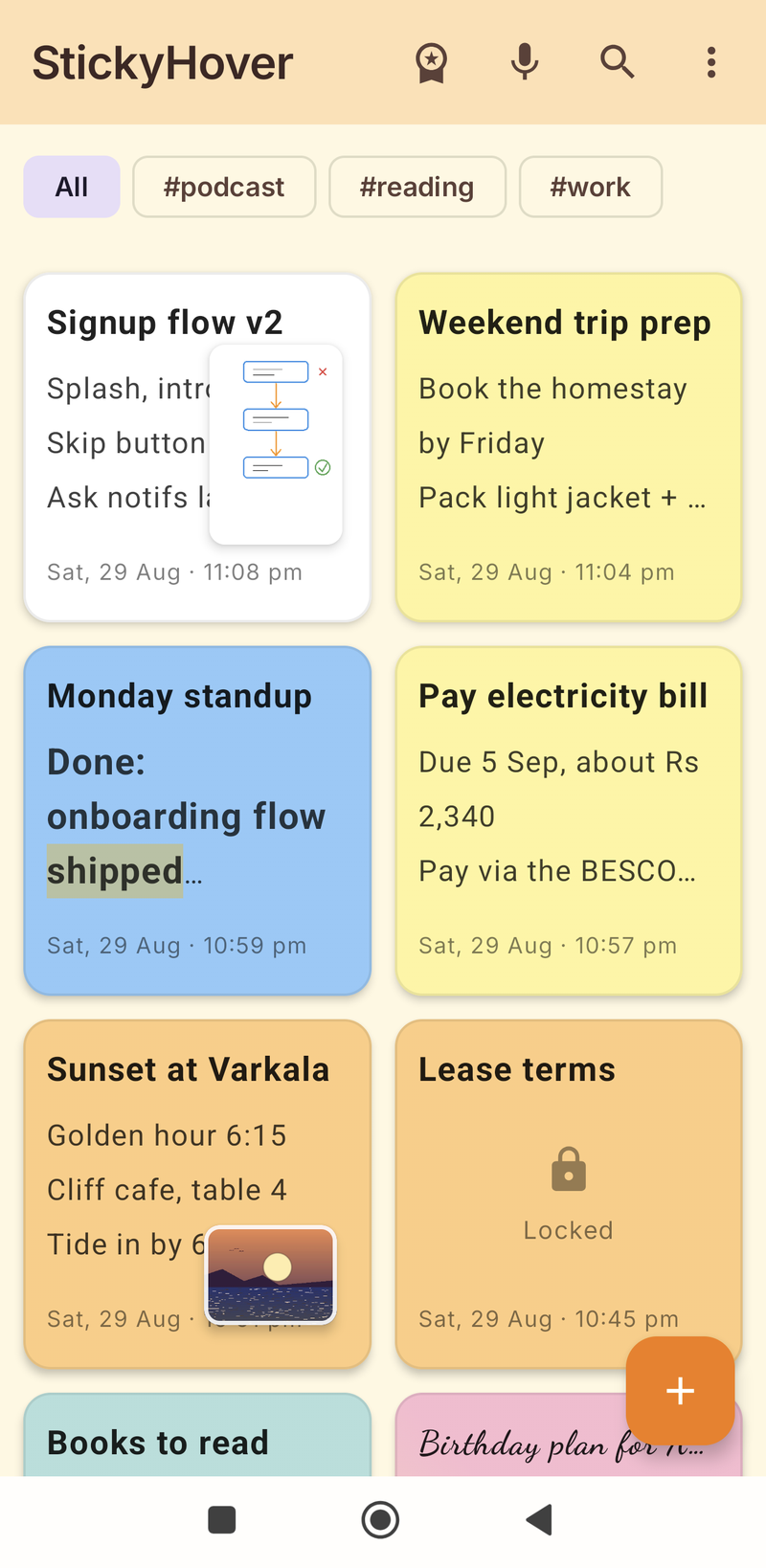 Home grid of colourful notes — checklist, photo, drawing, locked note — each with a day, date and time stamp
