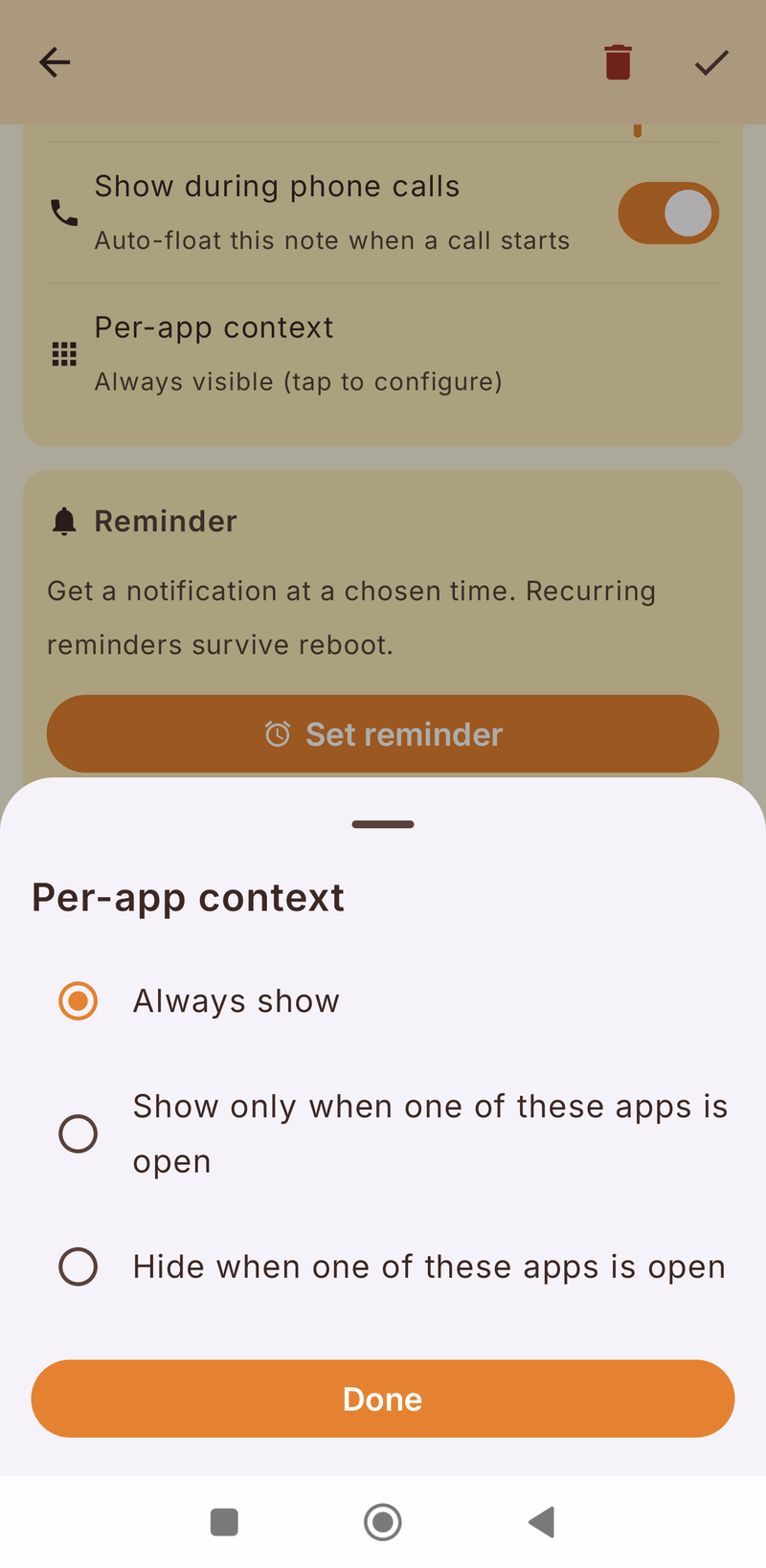 Per-app context sheet with Always show, Show only when and Hide when options