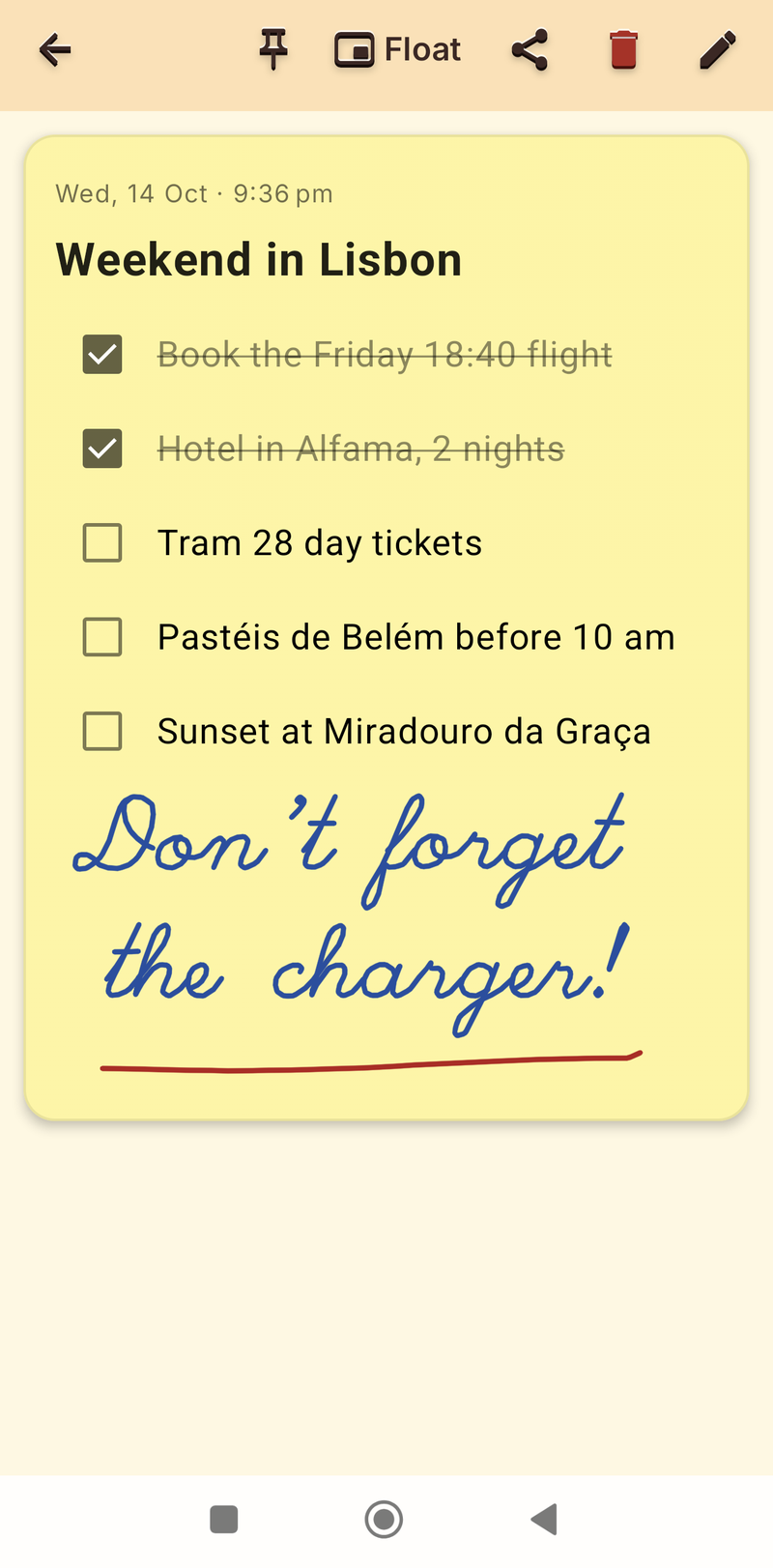 An open note in StickyHover with the new Float button and raised 3D icons in the top bar