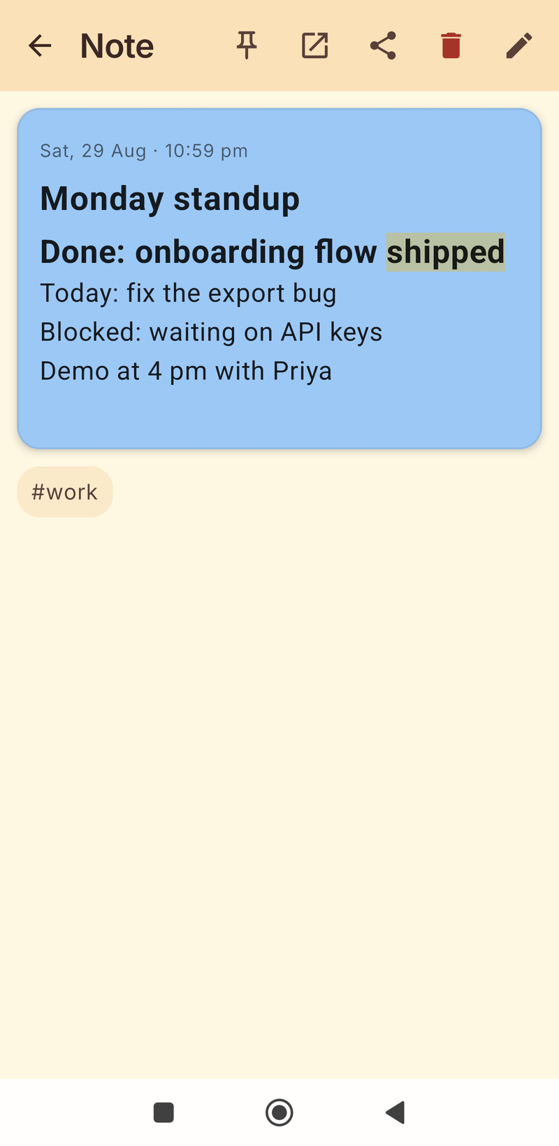 A blue note with a bold heading line and a highlighted word, tagged #work