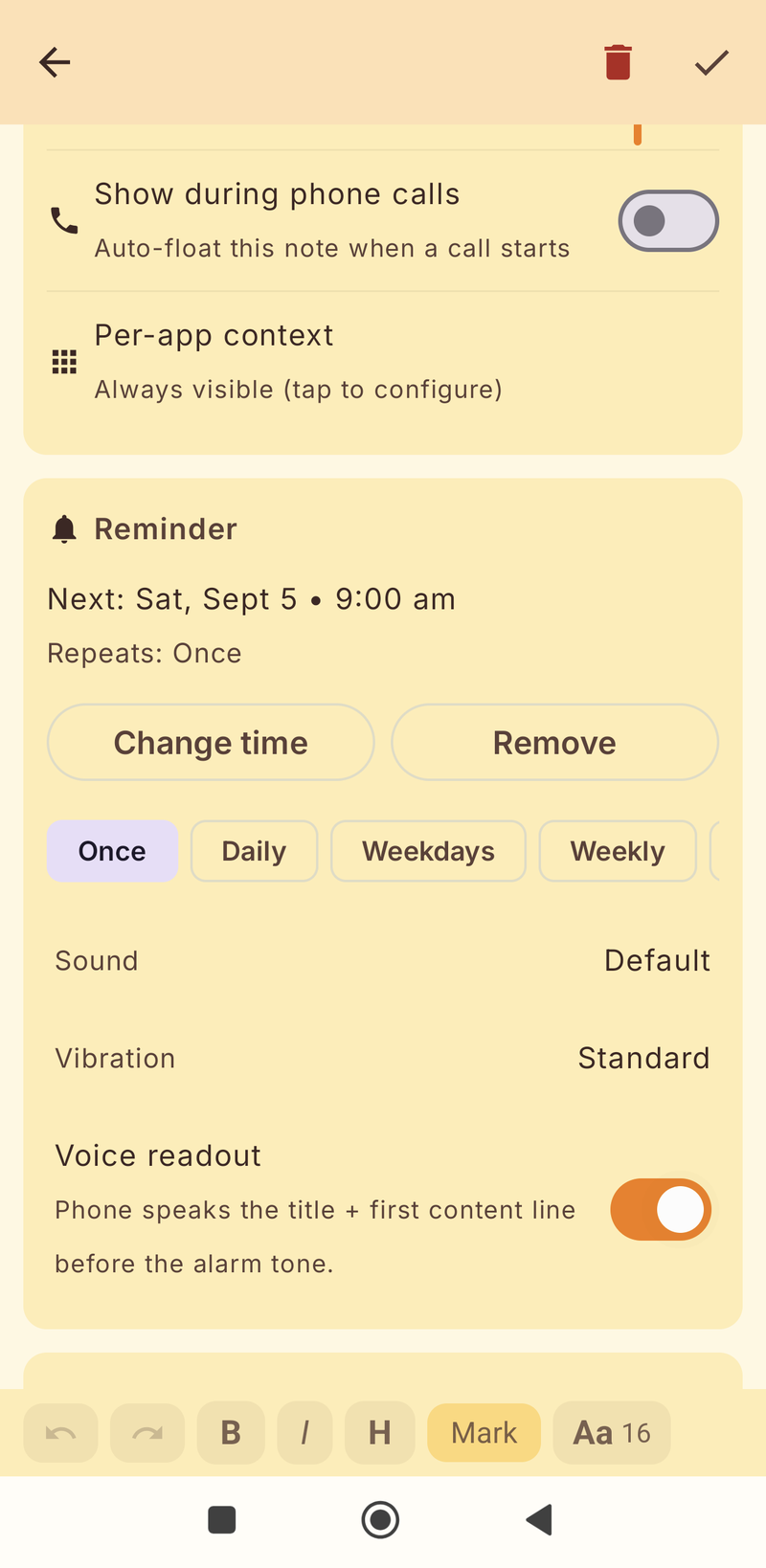 Reminder panel set for Sat, Sept 5 at 9:00 am with repeat options, sound, vibration and voice readout on