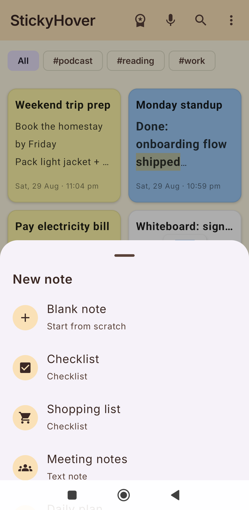 New note sheet offering Blank note, Checklist, Shopping list and Meeting notes