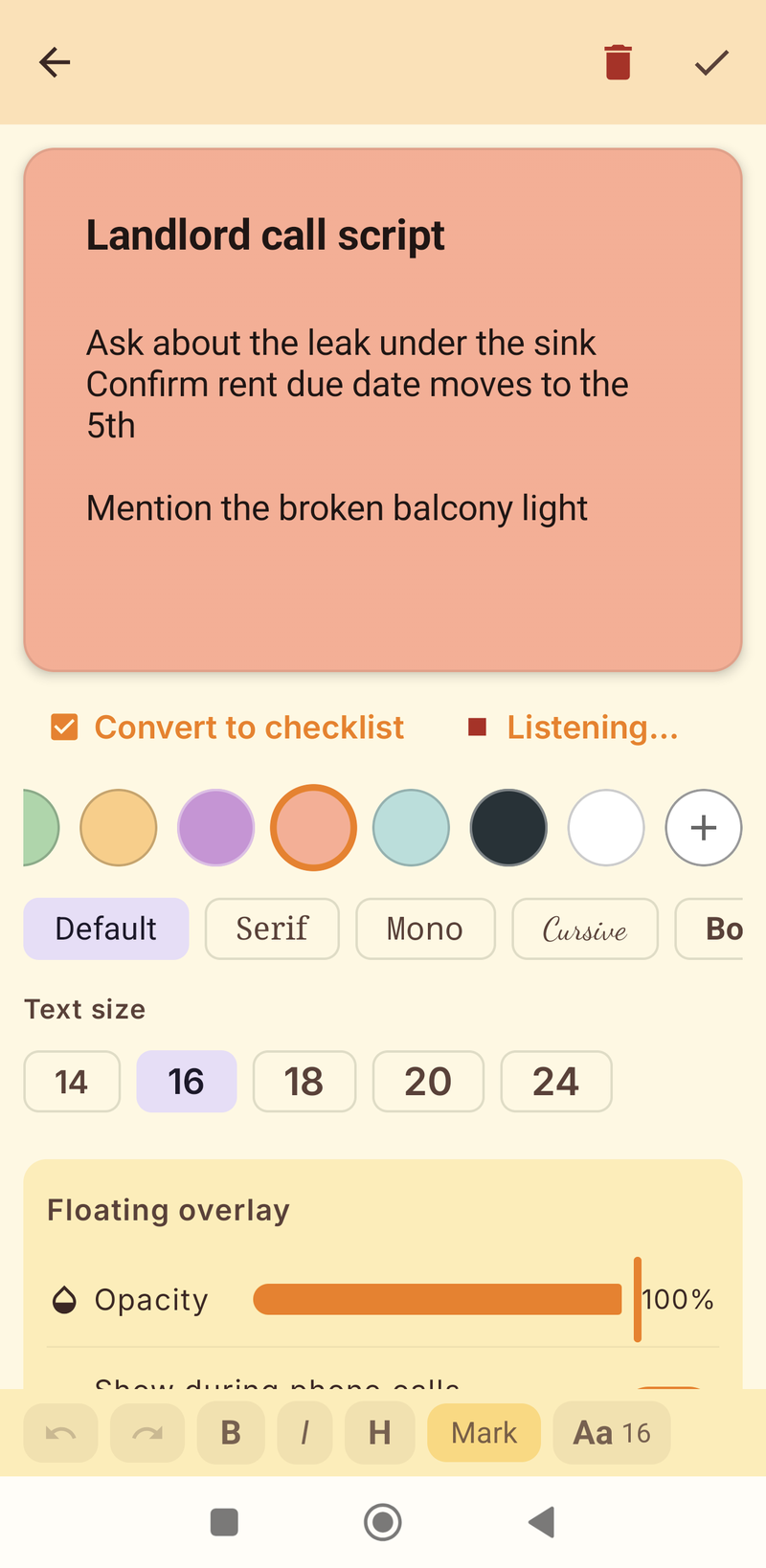 Note editor in Listening mode while dictating into a coral note